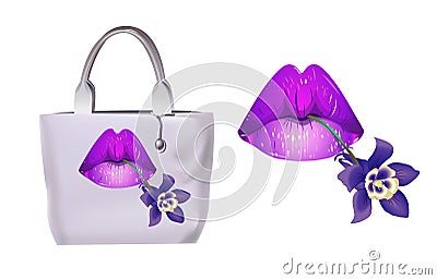 Picture of pink female lips and a flower on a bag. Vector Illustration